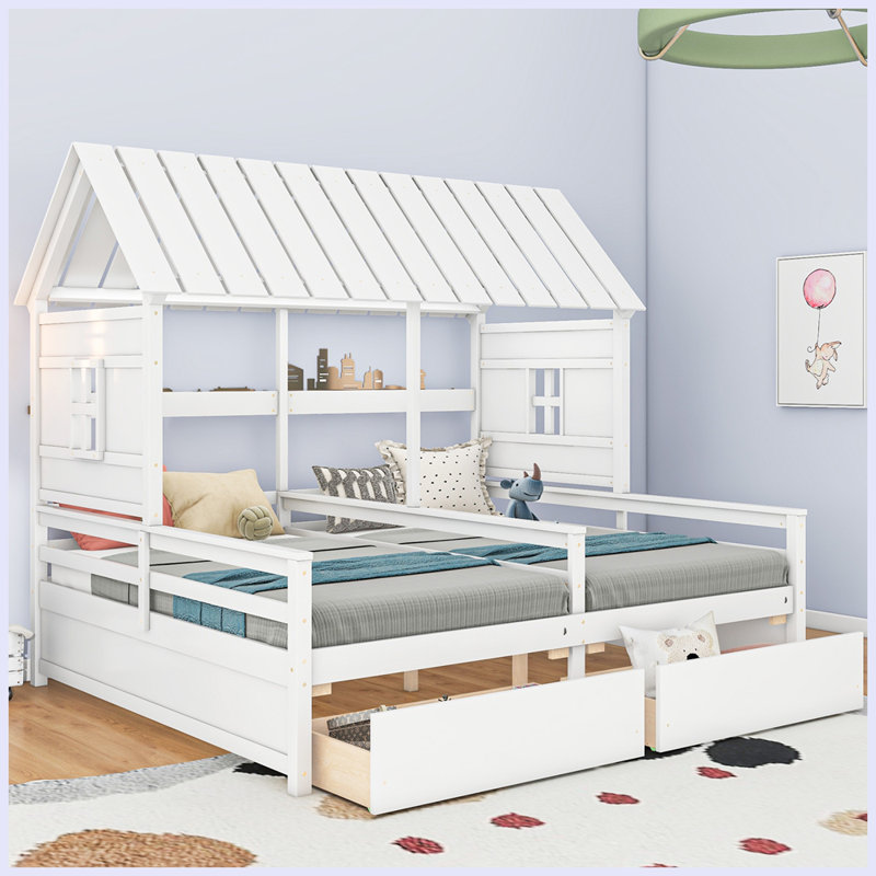 Combinaison moderne de 2 lits simples côte à côte avec deux tiroirs, Blanc