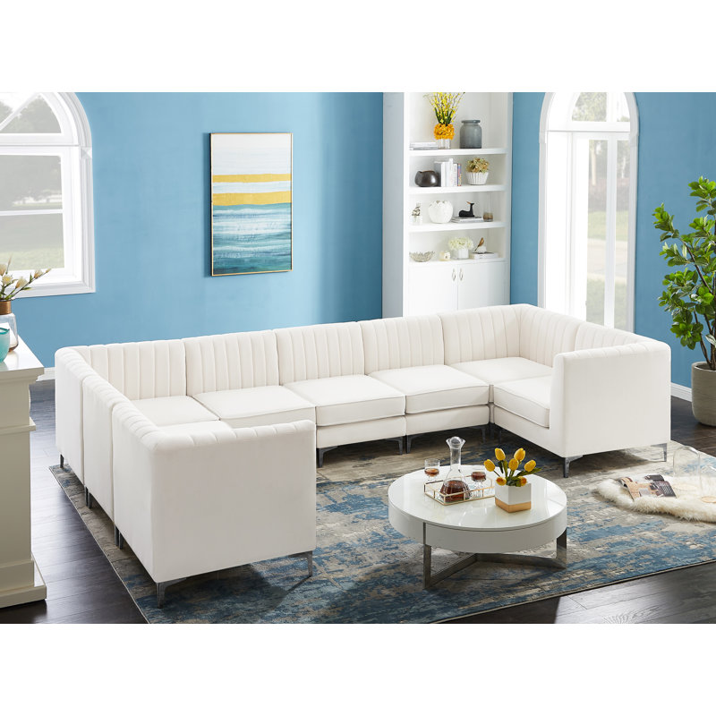 Canapé modulaire en velours réversible de 145 po de largeur Enson, Velours crème