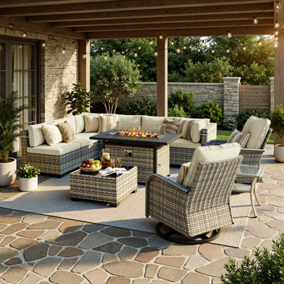 Ensemble de conversation modulaire d'extérieur 11 pièces avec foyer, table pivotante, ensemble de conversation de patio en osier avec coussins et tables basses