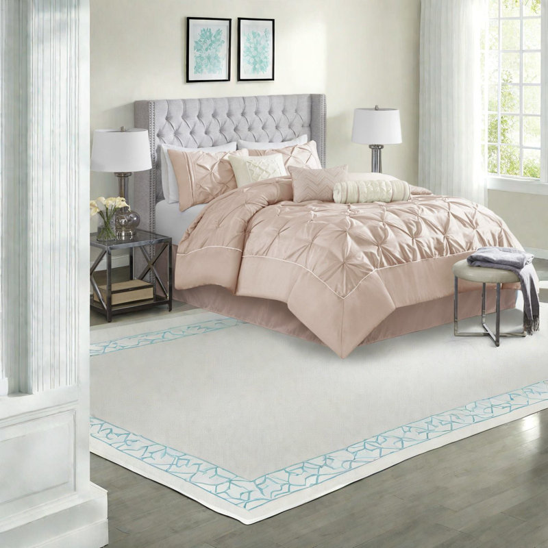 Elegant 7-piece Blush Bedding Set With Hypoallergenic Polyester Comforter For Cal King Bed