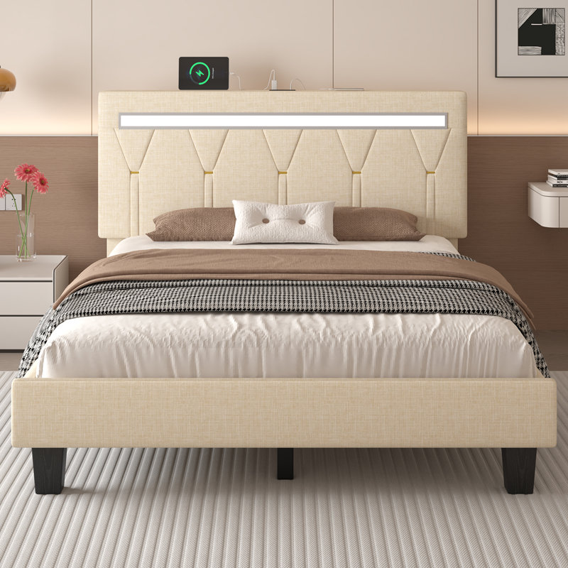 Santrese Upholstered Platform Bed Frame with Modern Headboard, Charging Station, No Box Spring Needed, Beige, Queen