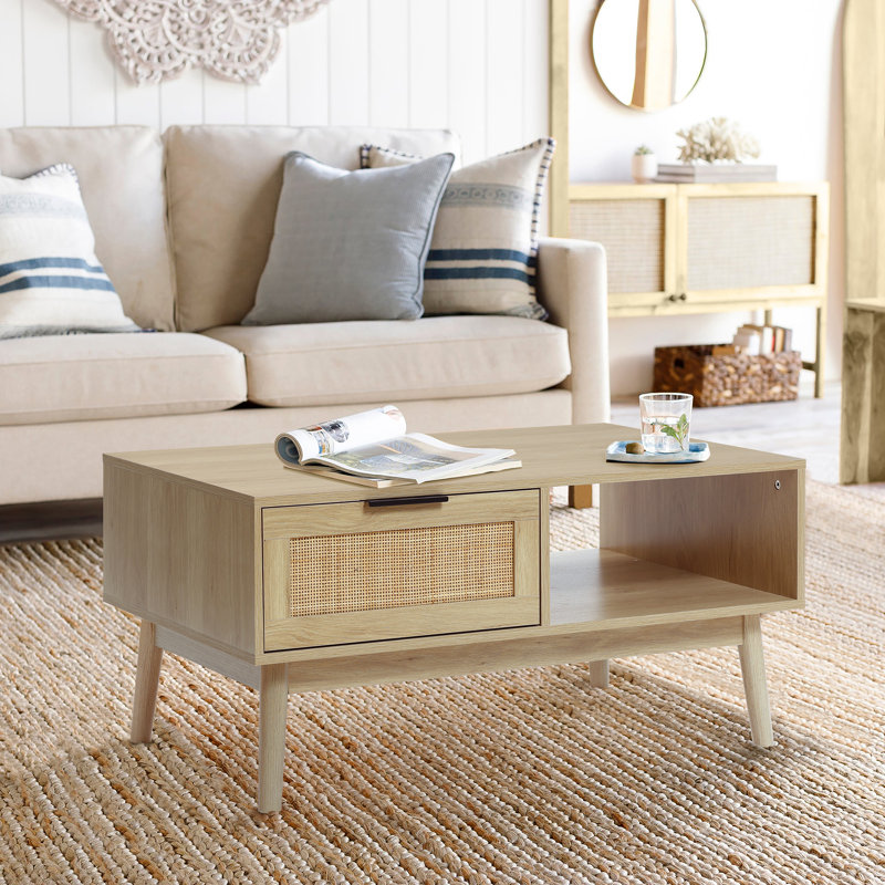 White Oak Finish Rectangular Wood Coffee Table with Storage