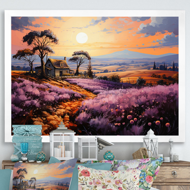 «Countryside Lavender Landscape Patchwork IV», reproduction sur toile, H 16 po x l 32 po x P 1 po, Cadre photo blanc
