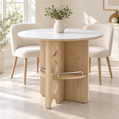 35.4" Round Sintered Stone Dining Table, Vintage Medieval Style with Storage Divider, Wood Grain MDF Legs, Seats 2-4