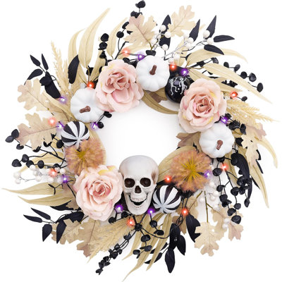  Couronne d'Halloween de 18 pouces pour la porte d'entrée avec lumières, couronne de citrouille blanche pré-éclairée, roses roses, décorations d'Halloween pour le porche de la maison, centre de table, fête, décoration d'automne
