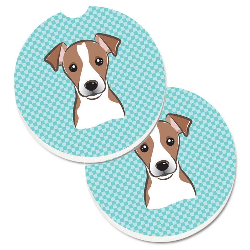 Ceramic Round 2 Piece Car Coaster Set, Blue, Brown Jack Russell Terrier