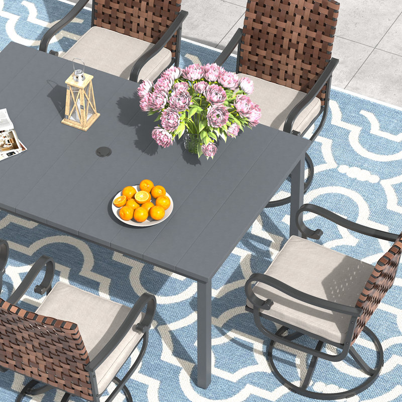 6-Person 63" L Rectangular Outdoor Dining Set With Cushioned Swivel PE Rattan Dining Chair, Gray