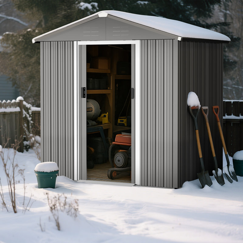 6 x 4 FT Garden Shed Storage Tool Shed with Sliding Doors, Gray, Gray/White, 73" H x 67.8" W x 46.7" D