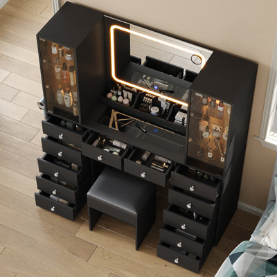 Makeup Vanity With Charging Station, Vanity Desk With LED Mirror & 2 Glass Cabinet, 3 Colour Modes, Brightness Adjustable, 12 Drawers Vanity Set With Glass Top, Dressing Table With Chair