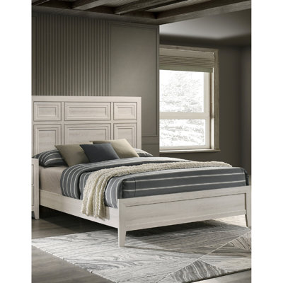 Très grand lit contemporain, finition blanc antique, conception encastrée pour panneau de chambre à coucher de taille sanctuaire, assemblage simple, embellissement