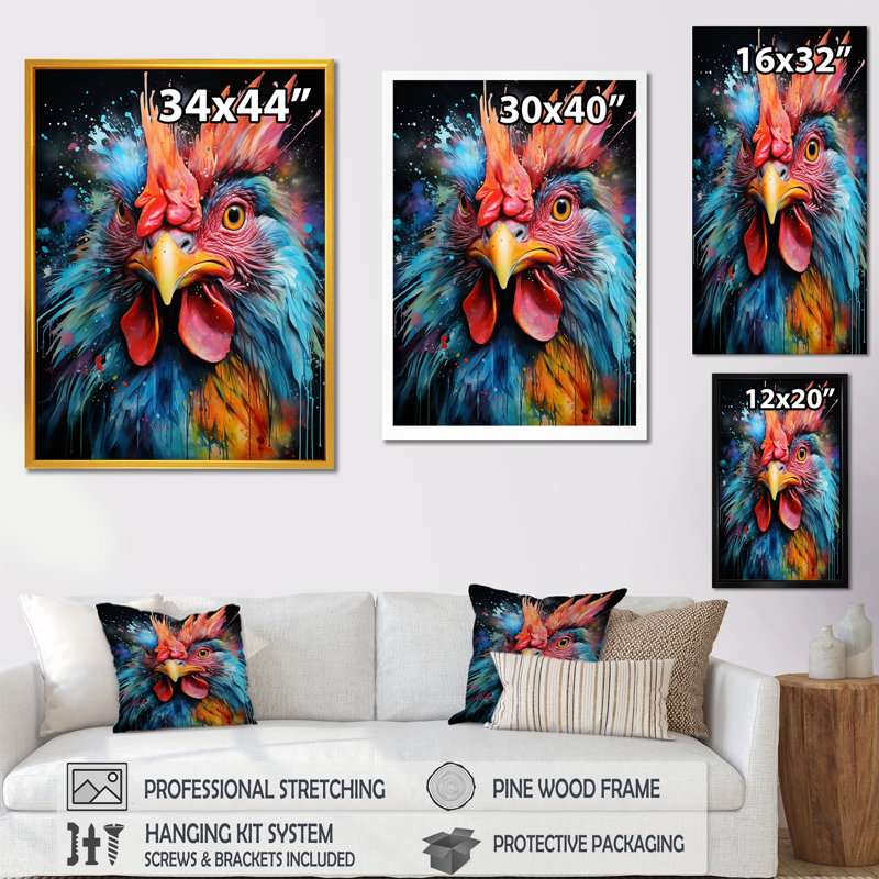 «Blue Red Rooster Chœur», art mural coq, Cadre flottant brun, H 32 po x l 24 po x P 1 po