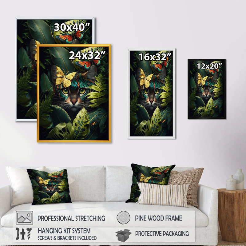 Joli chat avec papillon dans les buissons de la jungle III - animaux, art mural sur toile, L 24 po x H 32 po