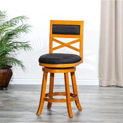 Tabouret de 24 po de hauteur comptoir, finition naturelle, siège en tissu gris anthracite, tabouret pivotant durable en bois franc avec siège