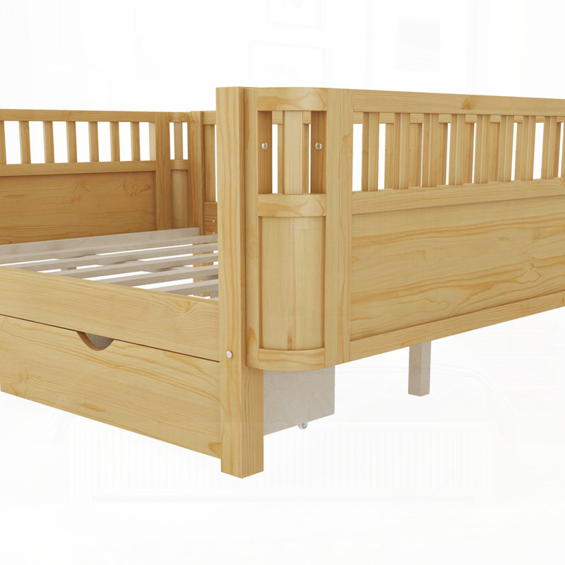 Lit simple en bois à profil bas avec rails, Naturel, Lit double