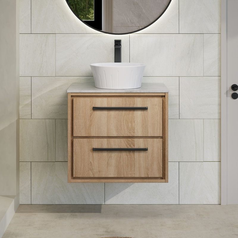 Hudson Reed Lille 600mm Bleached Oak 2 Drawer Wall Hung Vanity Unit With Grey Marble Worktop