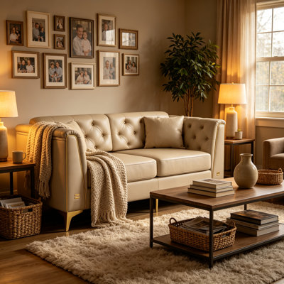 Causeuse modulaire en similicuir avec repose-pieds Chesterfield, beige / blanc