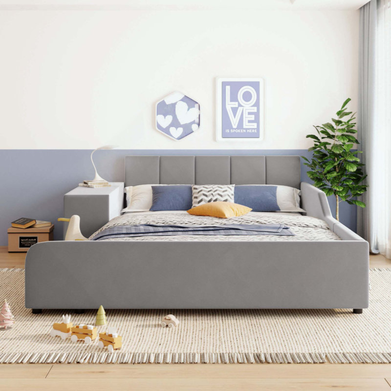 Upholstered Grounded Bed, Mother & Child Bed With Bedside Desk And Little Round Stool, Velvet, Gray, Full
