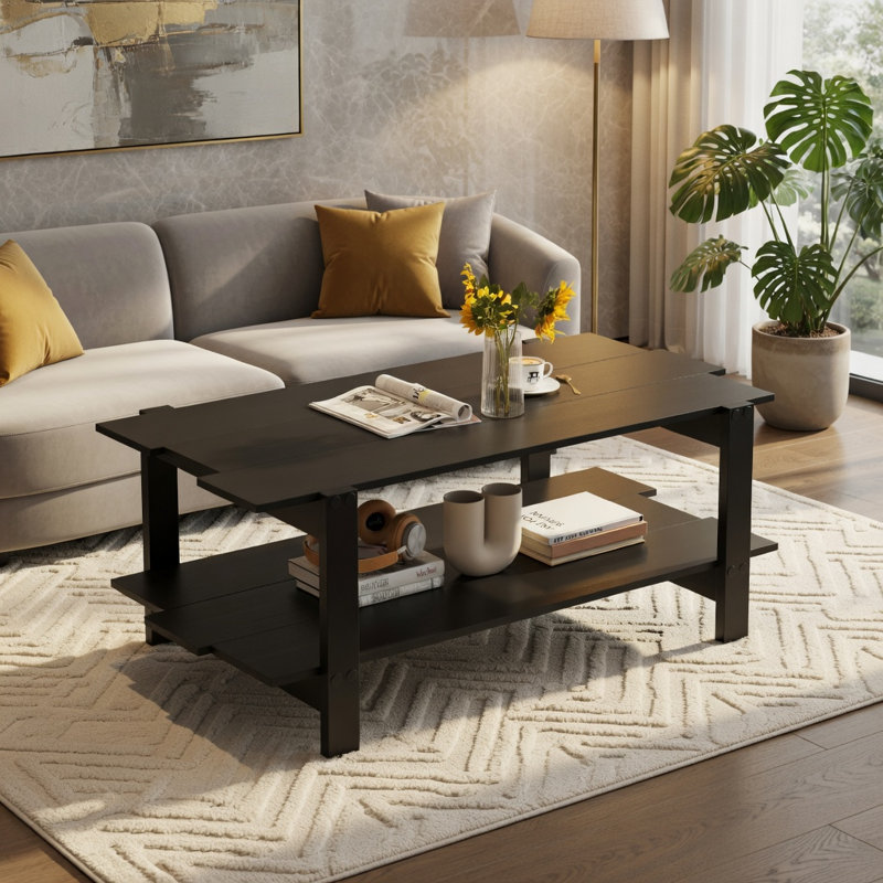Table basse à 2 niveaux avec tablette de rangement ouverte Hommoo