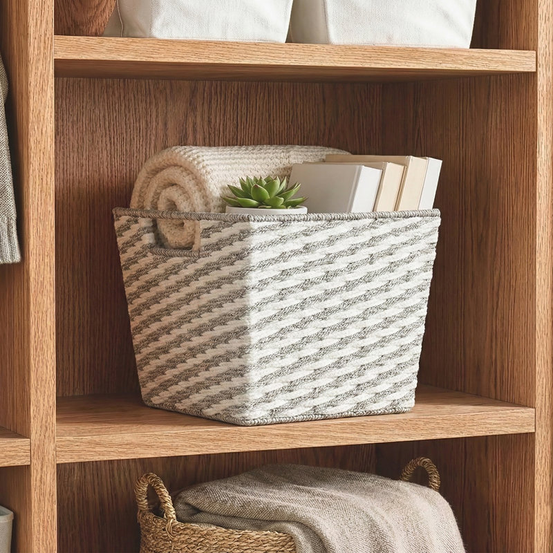  Large Striped Woven Basket In Gray, Gray, 8" H x 10" W x 12" D