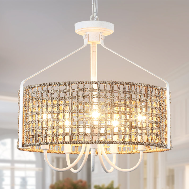 Ekkehard 5 - Light 18.35” Dimmable Metal Drum Rattan Bohemian Candle Chandelier With Seagrass Shade, Distressed White