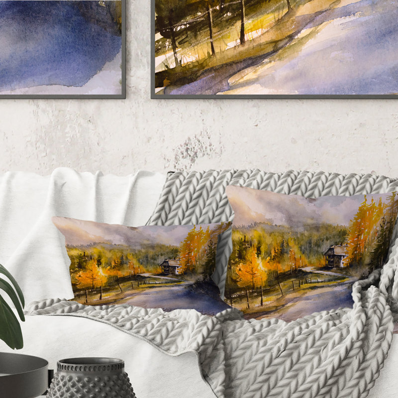 Paysage d'automne avec des oranges jaunes et des arbres verts - coussin décoratif traditionnel imprimé