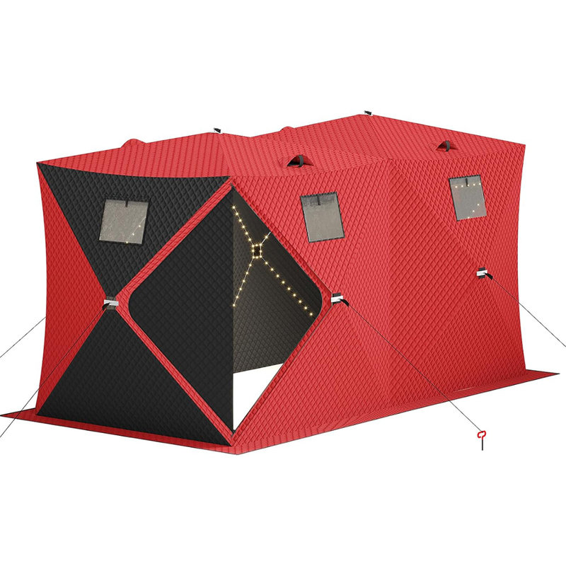 Tente d'abri de pêche sur glace Pop-Up avec lumières DEL de 49 pi, Sept personnes, Noir