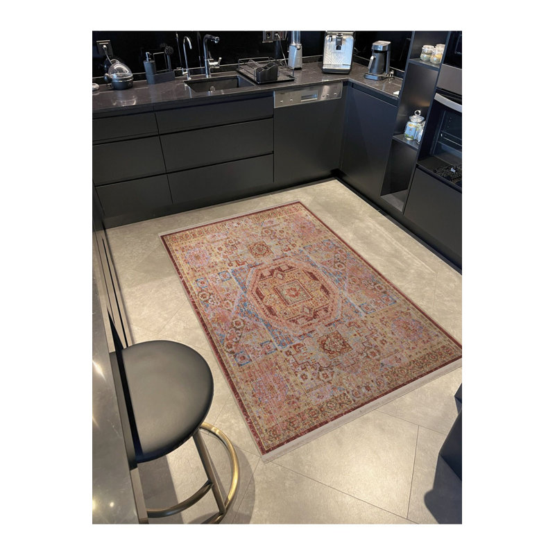 Tapis beige lavable à la machine multicolore à motif traditionnel rétro, Tapis de couloir 4 pi 11 po x 9 pi 10 po