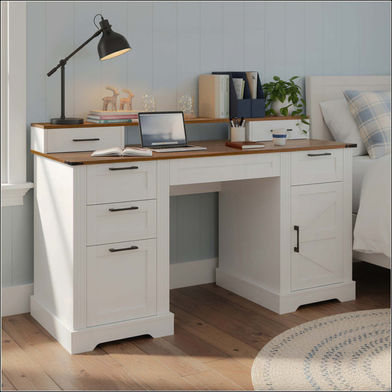 Farmhouse Office Desk With Charging Station & Storage Cabinet, Barn Door Design Home Office Study Desk With File Drawer, Monitor Stand And Keyboard Tray For Office, Study, Living Room