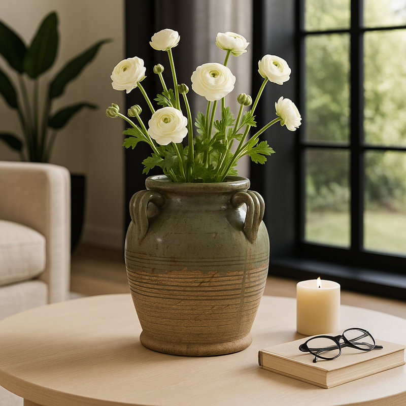 Ceramic/Porcelain Table Vase, 10" H x 9" W x 8" D, Glossy Green Ombre