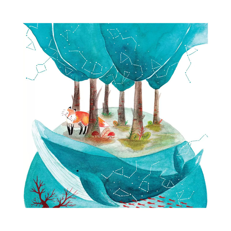 Renard et baleine II - impression, H 12 po x l 12 po x P 0,75 po, Toile tendue, Pas de tapis