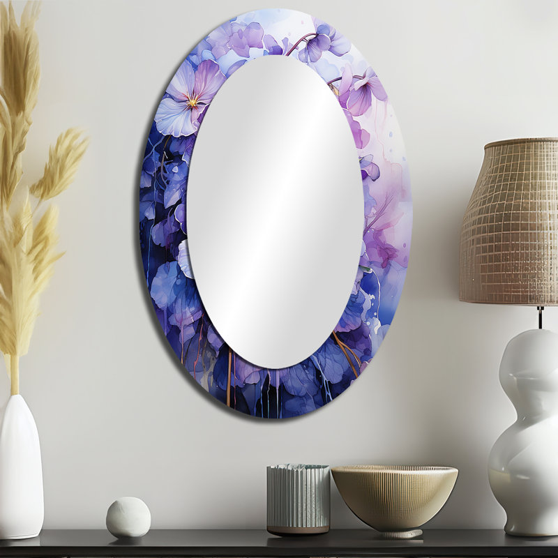 Lavender Mystery Blooms I - Grand miroir mural ovale sur support métallique, 36" H x 24" W