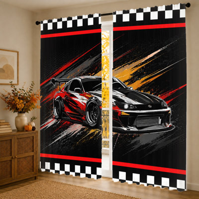 2Pcs Racing Car curtains, light filtering fabric, vintage and dynamic graffiti print pattern, sunshade privacy protection, rod-pocket design, suitable for living room, bedroom, balcony, garage home decoration