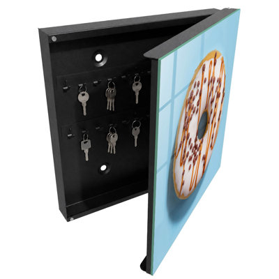 Key box for wall, Opens to the right, 30x30x5, White, Donut with icing and sprinkles on a blue background, 