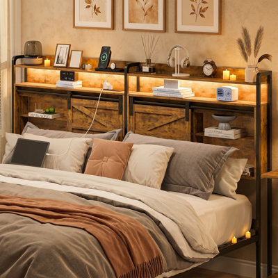 Tête de lit avec rangement, prises, ports USB et bande lumineuse à DEL