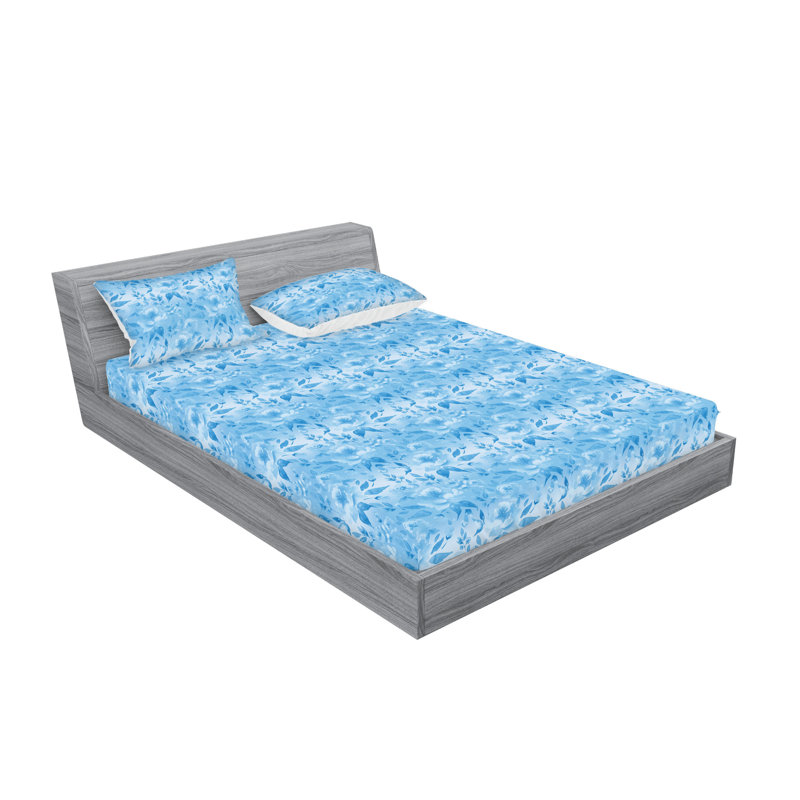 Ambesonne Fitted Sheet & Shams, King Sheet Set with 2 Pillowcases, Sky Blue Flower