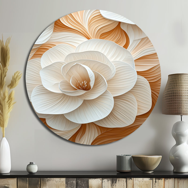 Blush Frost Camellia - art mural rond botanique grand, art mural en métal brun, H 29 po x l 29 po