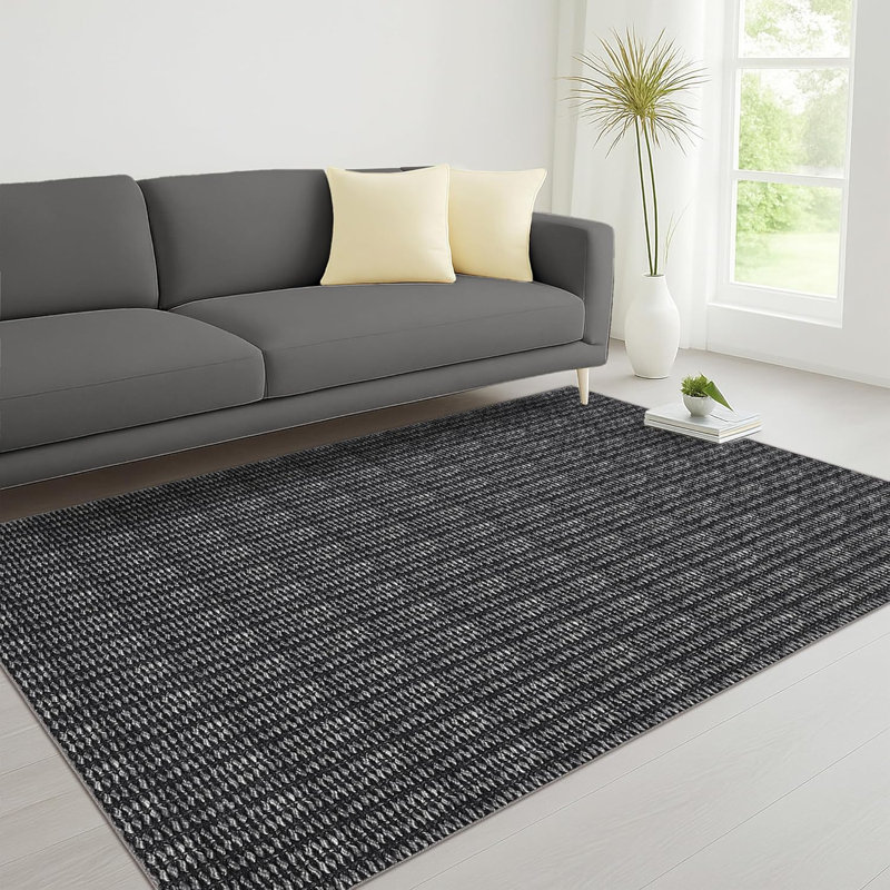 2x6 Washable Modern Textured Stripe Rug Thin Non-Slip Low Pile Stain-Resistant Reinforced Edges Foldable Entryway Beige