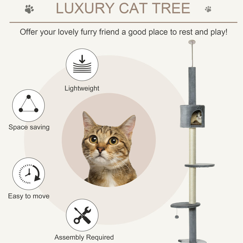 Arbre d'activités 85,5 "- 4 avec grattoir, boules suspendues. Solide et confortable. Gris. Pour chats de 10 lb. Centre pour chats. Fabrication.