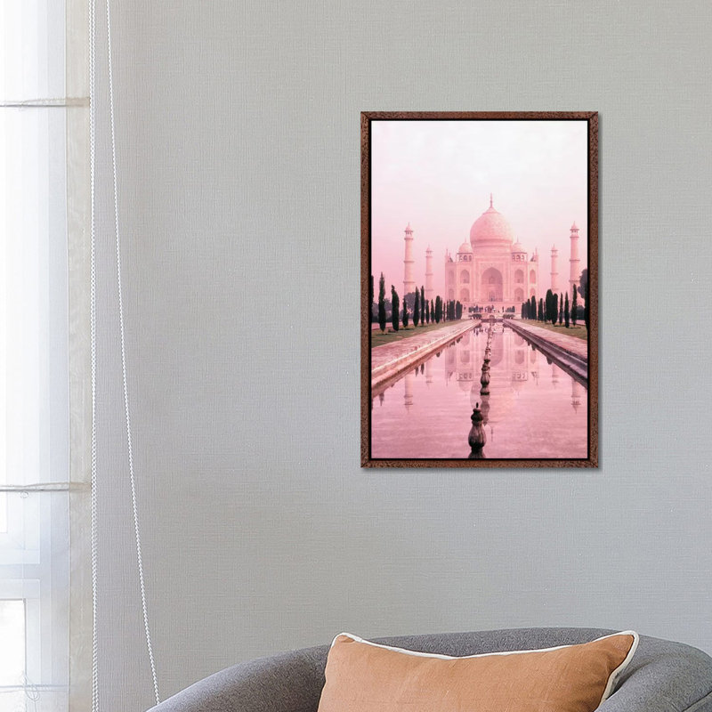 Taj Mahal in Pink Light 1 Piece Wall Art on Canvas, 66.04cm H x 45.72cm W x 3.81cm D, Classic Brown Wood Framed