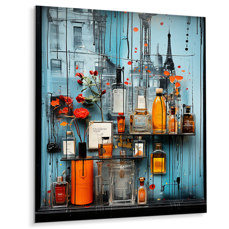 Bouteilles parfumées dorées et bleues de parfums Art déco 2 - Parfums, art mural en métal, H 32 po x l 16 po x P 1 po