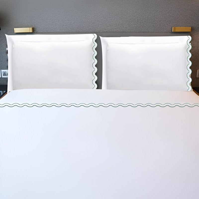 400TC Reverse U Shape Embroidery Cotton 4 Piece Sheet Set Fitted Sheet Fits Upto 16" Deep Pocket, White/Green, King Sheet Set