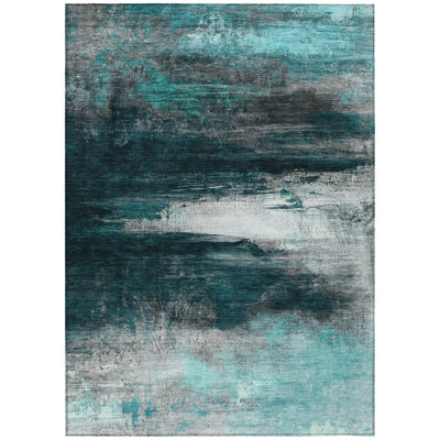 Machine Washable Indoor/Outdoor Xhevrie Teal Rug
