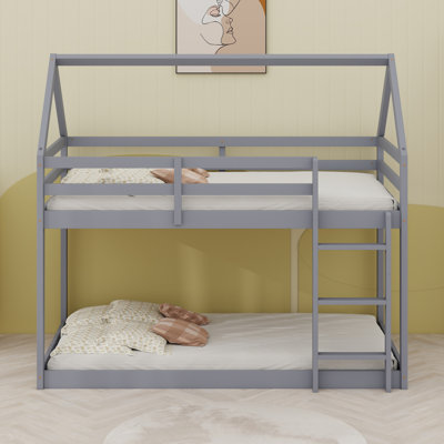 Wood Floor House-Shaped-Bunk Bed, With Ladder,Guardrails by Harper Orchard