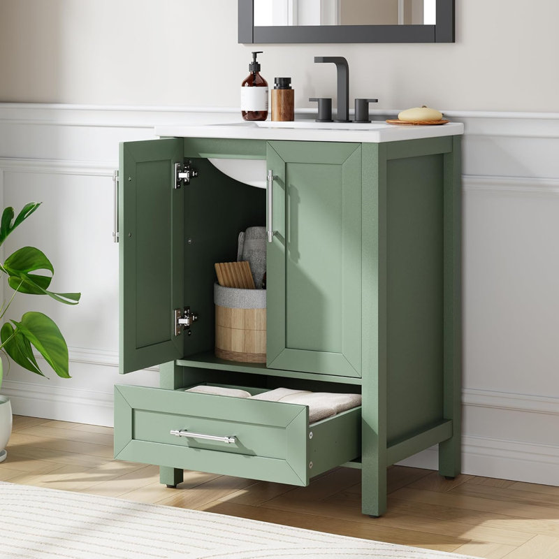 24" Bathroom Vanity with Sink, Freestanding Wood Vanity with Drawer, Light Green, 24", Light Green