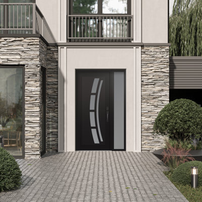 C12 Left-Hand 50 In. X 80 In. Panel Black Steel Black And White Frosted Glass With Sidelite Frosted Glass Prehung Front Entry Door