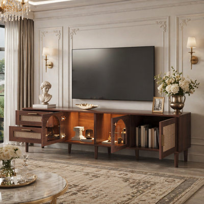 Meuble télé en rotin avec 3 armoires et 2 tiroirs, console multimédia inspirée du rotin pour téléviseur de 80 po ou moins, meuble télé à DEL, meuble télé, cinéma maison, cinéma maison