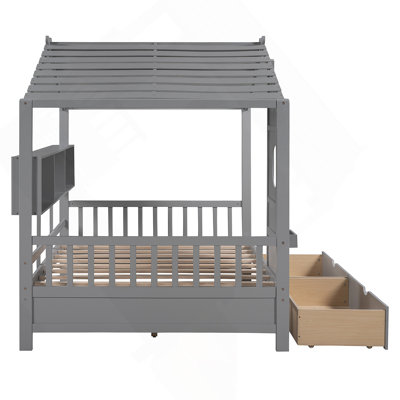 Lit double en bois avec 2 tiroirs, lit pour enfant avec tablette de rangement, gris