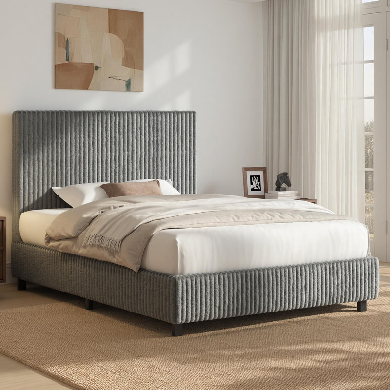 Queen Size Modern Upholstered Bed Frame with Vertical Corduroy Headboard,Gray, Queen, Gray
