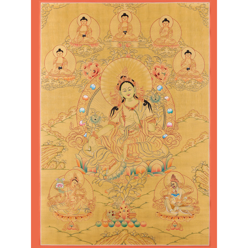 Thangka «Swift Compassion» peint à la main - H 27,6 po x l 18,9 po, art mural tibétain vert avec feuille d'or véritable 24 carats pour les studios de yoga et décoration intérieure paisible