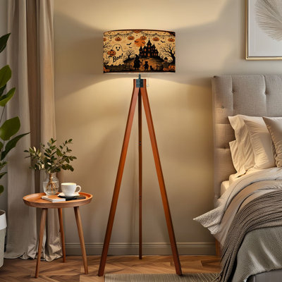  Lampe sur pied trépied Scène d'Halloween maison hantée citrouilles fantômes Lampe à pied à DEL à intensité variable avec pieds en bois de hêtre et abat-jour en lin détachable pour salon et chambre à coucher